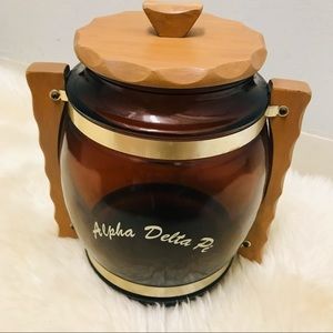 Vintage Siesta Ware Snack Jar w/ Wood Trim Handles Amber Brown Glass "Cookies